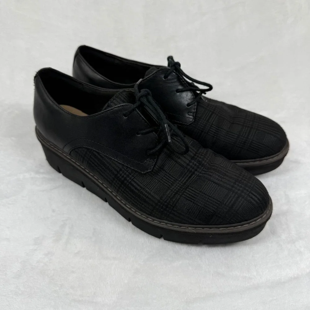 Clarks Sharon Dolly Black Leather Plaid Wedge Platform Oxford Shoes Womens 9‎ M
